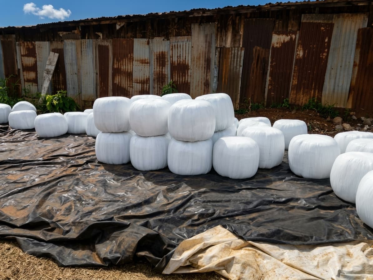 Wrapped high-quality silage bales stacked at the cooperative depot